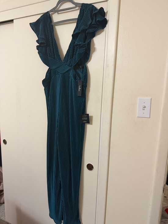 Lulus Pants - Lulu's Teal Pleated V-Neck Jumpsuit with Ruffle Detail